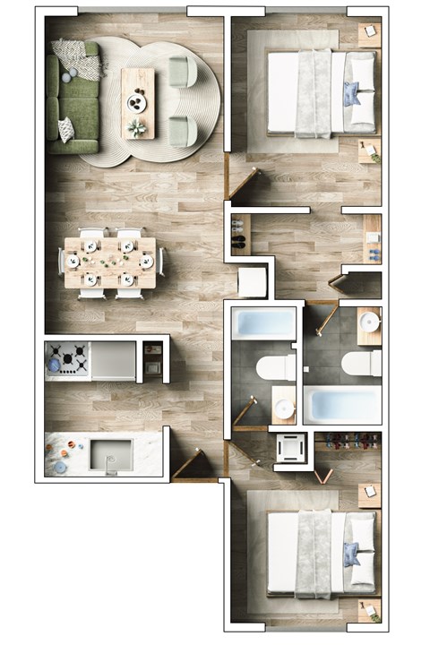 2 Bedrooms, 2 Bathrooms A top-down view of a room with a dining table, couch, and a kitchen area.